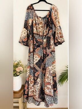 Boho Patchwork Paisley Maxi Dress in Navy and Cream